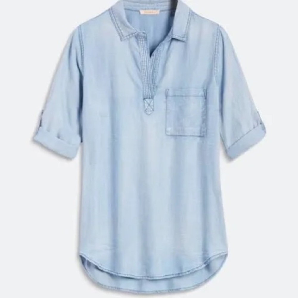 Skies Are Blue Womens Chambray Top‎ Blue Popover Denim Classic Coastal